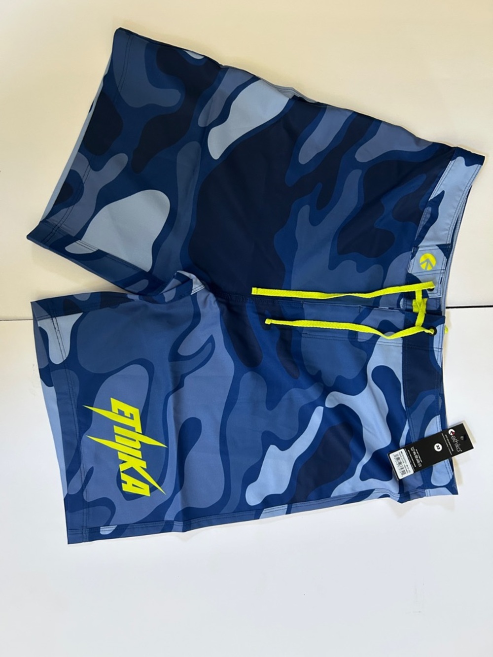 ethika Blue Camo Swim Shorts with Neon Yellow Drawstring